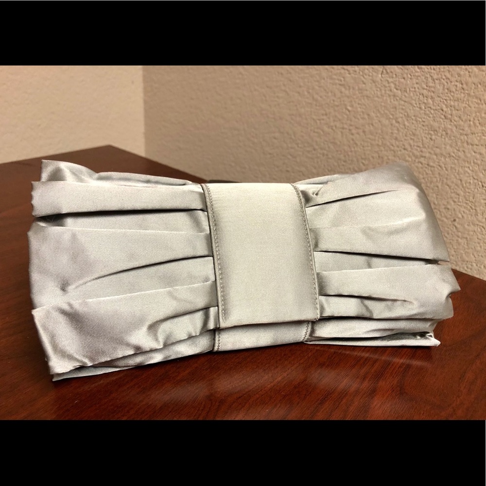 New! Kate Landry Silver Satin Pleated Bow Clutch